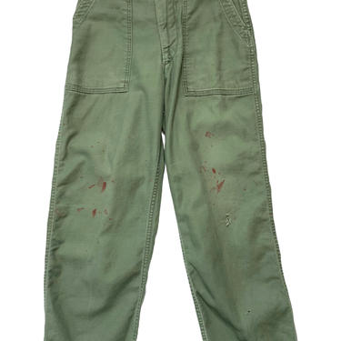 Vintage 1960s US Army OG-107 Cotton Sateen Field Trousers / Pants ~ measure 27 Waist ~ Vietnam War Era ~ Worn-In / Faded / Paint Splatter 
