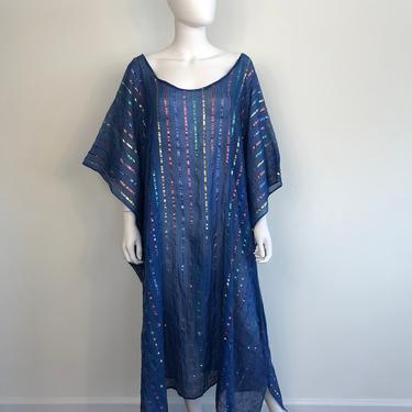 Vtg 70s cotton gauze rainbow lurex caftan dress Made in India 