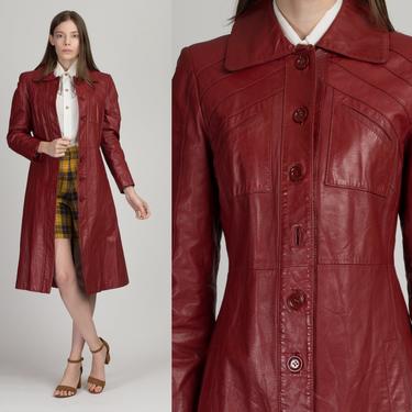 70s Long Oxblood Red Leather Jacket - Small | Vintage Women's Notched Collar Button Up Trench Coat 