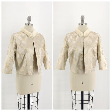 FINAL SALE /// 60s Ivory Pinecone Brocade &amp; Mink Fur Coat / 1960s Vintage Wedding Bridal Jacket / Medium / Size 10 