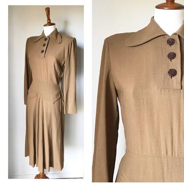 Vintage 1940s cocoa brown collared long sleeve dress small 