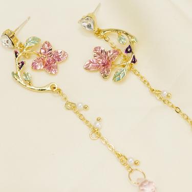 E074 Flower dangle earring, flower drop earring, korean earring, Japanese earrings, long dangle earrings, mismatched earrings, gift for her 