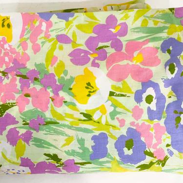 Vintage Sears Perma-Prest Queen Flat Sheet Floral Flowers Mod Floral Bedding Cotton Fabric Yellow Pink Purple Flower Mid-Century Retro Boho 