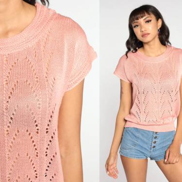 Sheer Sweater Top 80s Pink Knit Shirt Boho Open Weave Short Sleeve 1980s Pointelle Bohemian Slouchy Retro Vintage Small Medium 