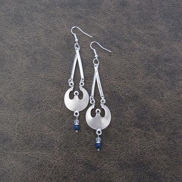 Long silver earrings, blue beaded earrings, unique earrings, ethnic earrings, mid century modern earrings, brutalist statement earrings 