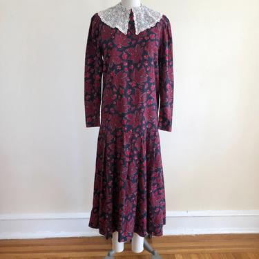 Laura Ashley Navy and Red Floral Print Dress with Embroidered Lace Collar - 1980s 