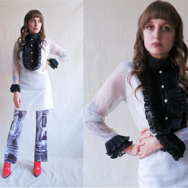 Vintage 60s Black White Mod Mini Dress/ 1960s Ruffle High Neck Long Sleeve Dress/ Size XS Small 