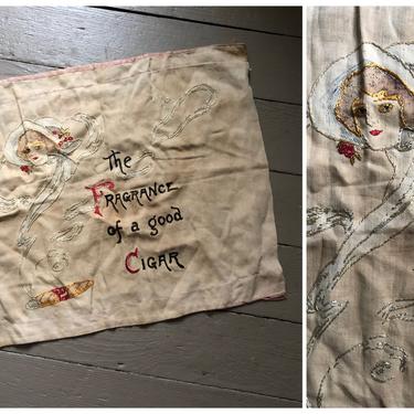 Victorian hand embroidered pillow cover, beautiful faded colors, The Fragrance of a good Cigar, antique embroidered pillow, embroidery piece 