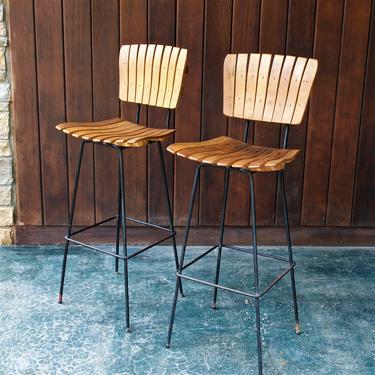 Pair of Arthur Umanoff Bar Stools Iron Maple Slat Seat Chair Vintage Mid-Century American Modern 