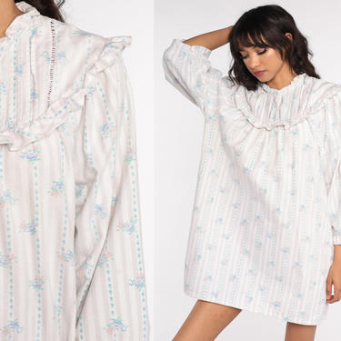 Floral Nightgown Pajama Dress 80s White Nightie Mini Nightie Boho Vintage Button Up Pajamas Cottagecore Medium Large 