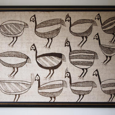 Vintage African SENUFO MUD CLOTH w/ Birds Woven Textile Large 37x54&amp;quot; Framed Panel Fabric Ethnographic Mid-Century Modern folk art tribal 