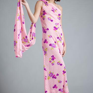 vintage 70s scarf maxi dress sleeveless one shoulder pink floral slinky knit MEDIUM M 