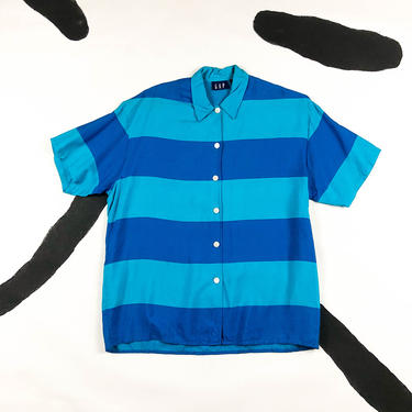 90s Gap Multicolor Blue Wide Stripe Button Down Shirt / Blouse / Medium / Boxy / Oversize / Rayon / Flowy / Monochromatic / Blues Clues / 