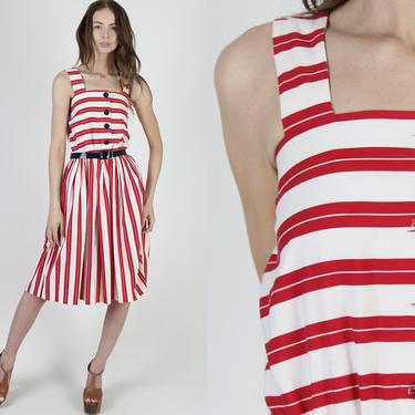 Vintage 80s Red White Striped Dress / Holiday Party Outfit / Nautical Full Skirt Summer Dress / Americana Sun Mini Dress 