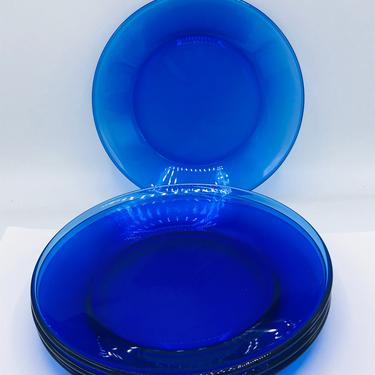 Vintage (4 PC) Cobalt  Blue Glass 7.5&quot; Salad or Desert Plates Chip Free Condition 