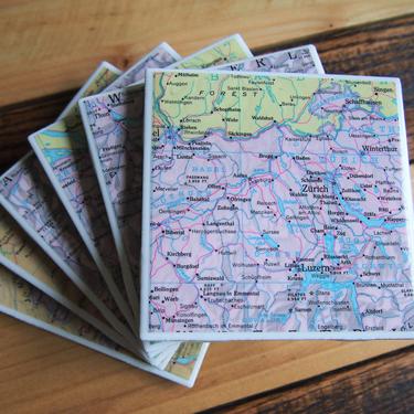 1967 Switzerland Handmade Repurposed Vintage Map Coasters - Ceramic Tile Set of 6 - Repurposed 1960s Rand McNally Atlas - Alps Geneva Zurich 