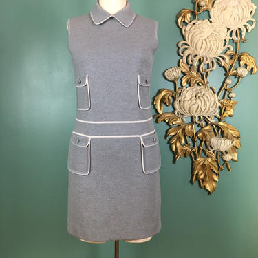 1960s knit dress, sleeveless shift, vintage 60s dress, size medium, gray wool dress, Jonathan Phillips, mod dress, classic sheath, retro 