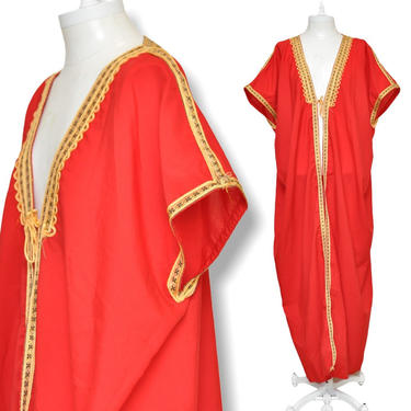 Vintage Red Full Length Duster Robe Coat Ethnic Style Boho Egyptian Cover Up 