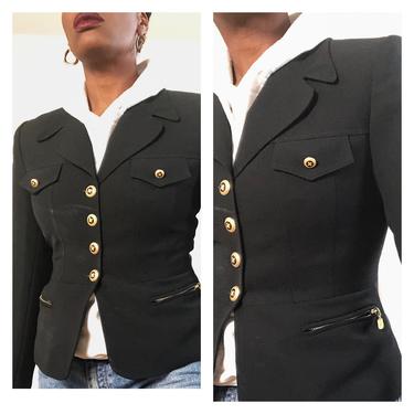 Vintage 1980s 1990s 90s Gold Metal Button Blazer Jacket Shoulder Pads Zipper Pockets Elevated Basic Black Tailored Fitted Small Medium 