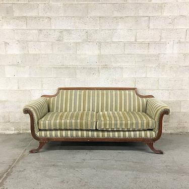 LOCAL PICKUP ONLY Vintage Wood Frame Couch Retro 1970's Curved Arms and Feet with Striped Chenille Fabric and Decorative Metal Nails 