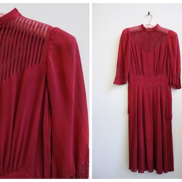 Vintage 1930's Raspberry Red Chiffon Cut Out Dress | Size Extra Small 