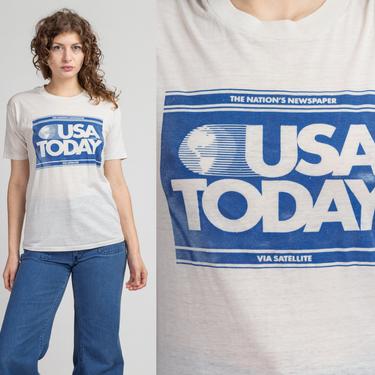 Vintage 1984 USA Today Via Satellite T Shirt - Medium | Vintage Burnout White Graphic Newspaper Tee 