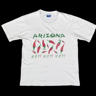 Vintage Arizona &quot;Hot! Hot! Hot!&quot; Chili Pepper Tee - Small | 90s Unisex White Graphic Tourist T Shirt 