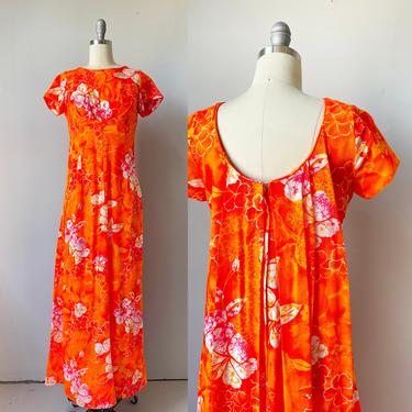1970s Dress Hawaiian Neon Floral Orange Maxi S 