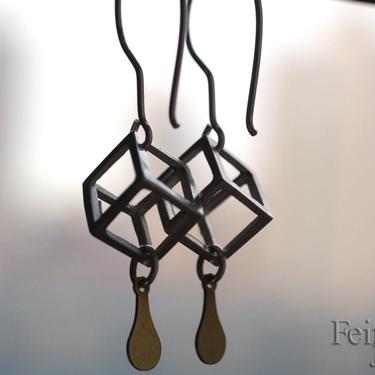 Earrings Cube Sterling Silver and Brass - Free US Shipping 