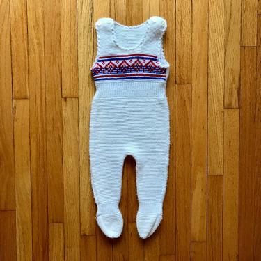 70s Hand Knit White, Red, Blue Baby Romper Overalls 