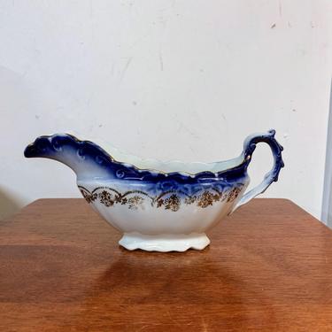 Vintage H.R. Wyllie China Blue White and Gold Gravy Boat 