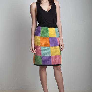knit wool skirt checkered multi colored knitted patchwork vintage 70s MEDIUM M 