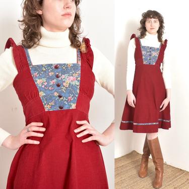 Vintage 1970s Dress / 70s Floral Corduroy Jumper Dress / Burgundy ( S M ) 