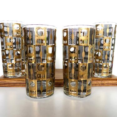 Set of 4 Rare Culver Black And Gold Highball Glasses, MCM Gold And Black Pinstriped Tumblers, 1960s Geometric 22kt Gold Barware 