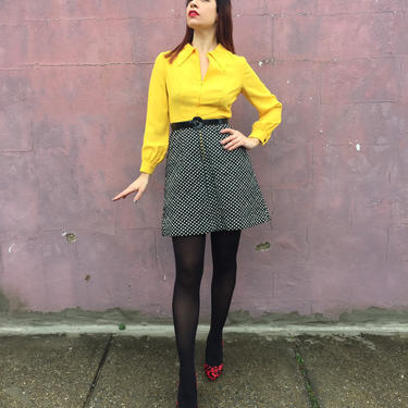 70s mini dress | Kelly Arden long sleeve a-line belted dress | canary yellow with polka dot skirt 