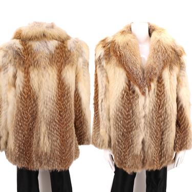 70s Tanuki fox fur shaggy vintage coat M / vintage 1970s brown black chevron hip length raccoon real fur coat small medium M-L 
