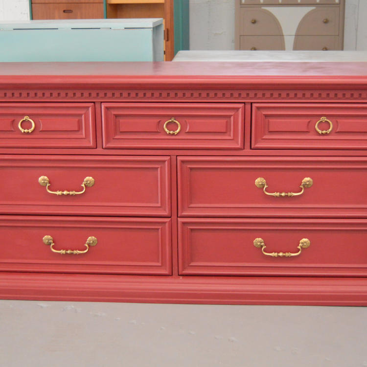 red and gold dresser Red and White Patterned Wooden Chest of Drawers