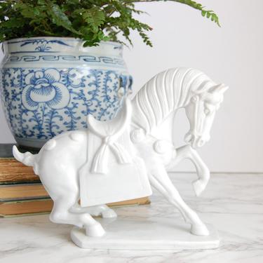 Tang Style Horse Statue White Porcelain Asian Horse Chinese War Horse by PursuingVintage1