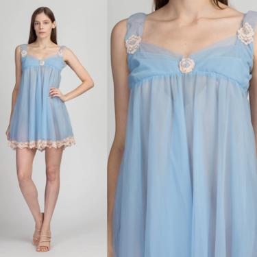 60s Sheer Blue Babydoll Nightie - Petite Small | Vintage Lace Trim Peignoir Mini Negligee Slip Dress 