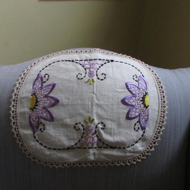Vintage Arts and Crafts Doily Chair Back Sofa Back Embroidered Cloth Linen Doilies 2 total 