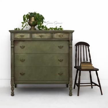 Hand Painted Six Drawer Antique Dresser, Sage Green Vintage Bureau, Olive Green Tall Chest of Drawers, Farmhouse Bedroom Furniture 