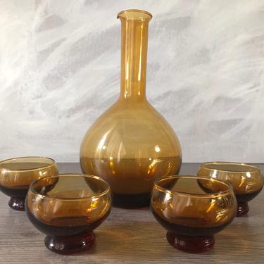 Vintage Amber Glass Decanter Beaker and Cordial Glasses Set With Pour Spout, Mid Century, Hand Blown Liquor Set, Bar Decor, Formal Dining 