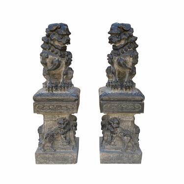 Chinese Pair Gray Black Stone Fengshui Foo Dogs Statues cs7021E 