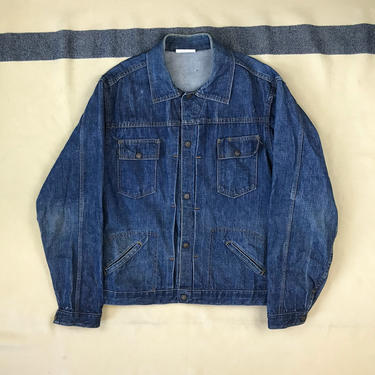 Size 44 Long Vintage 1970s Pleat Front Denim Jacket with Snap Button Closure 