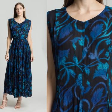 90s Blue Floral Sleeveless Maxi Sundress - One Size | Vintage Summer Festival Grunge Dress 
