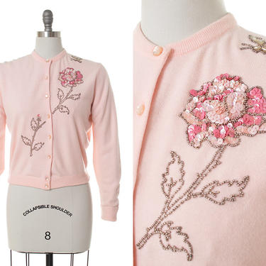 Vintage 1950s Cardigan | 50s DARLENE Sequin Rose &amp; Butterfly Light Pink Knit Acrylic Sweater (medium/large) 