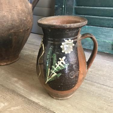 Antique French Jug, Floral Glazed Pottery Pitcher, Rustic French Farmhouse, Farm Table Decor 
