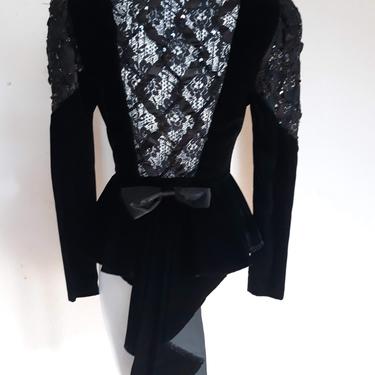 1980's Vintage Velvet dress top wome's black tuxedo jacket, steampunk lace jacket with train, butler tail tuxedo, size small 