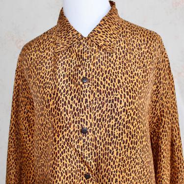 Vintage 90s Oversized Silk Shirt, 1990s Animal Print Blouse, Leopard, Button Up Shirt, Collared, Long Sleeve 