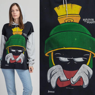 90s Marvin The Martian Hoodie - Men's Large | Vintage Looney Tunes Color Block Hooded Sweatshirt 